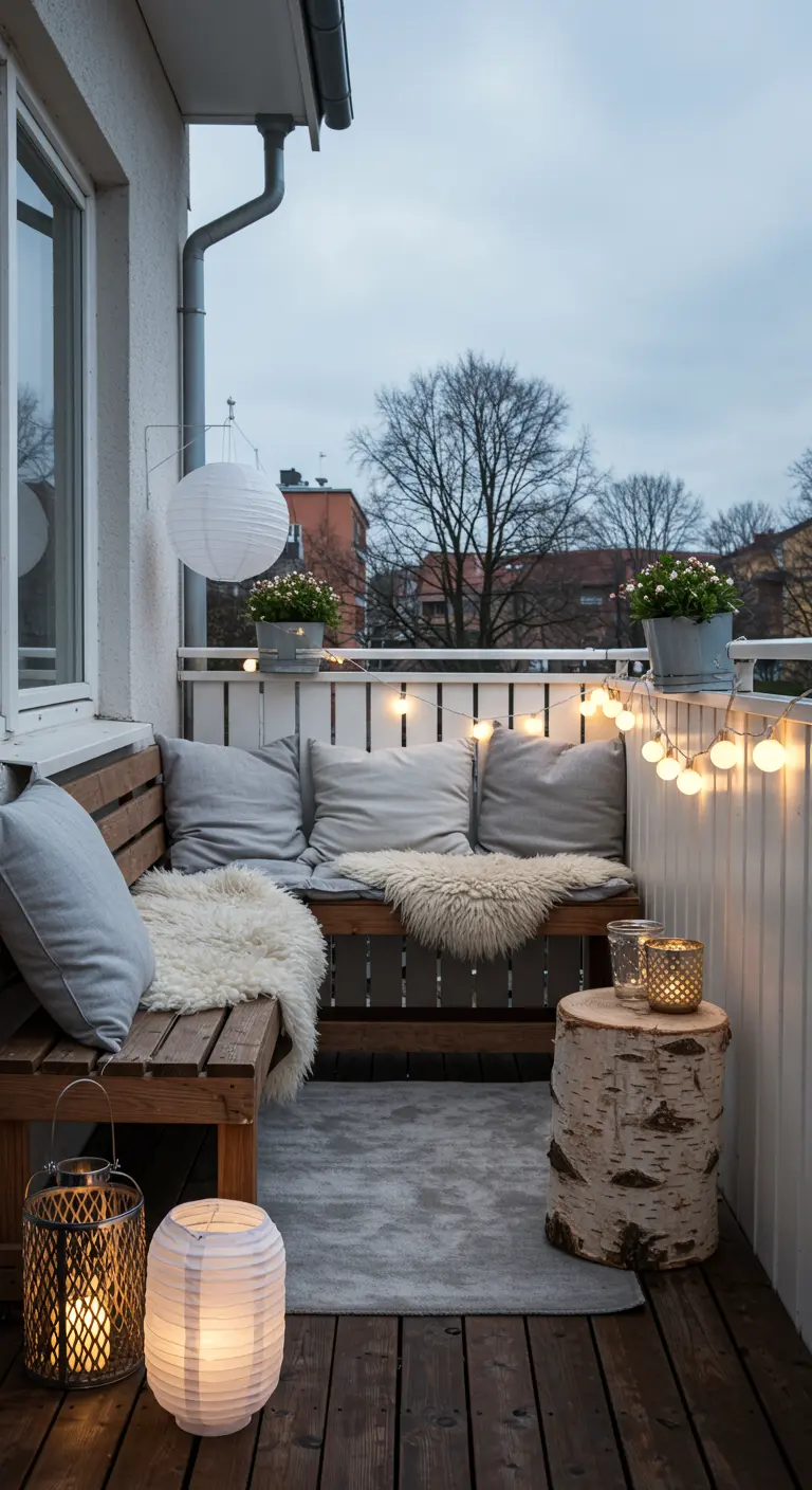 Balcon scandinave avec banquette en bois, coussins gris, peaux de mouton, rondin de bois et lampions.