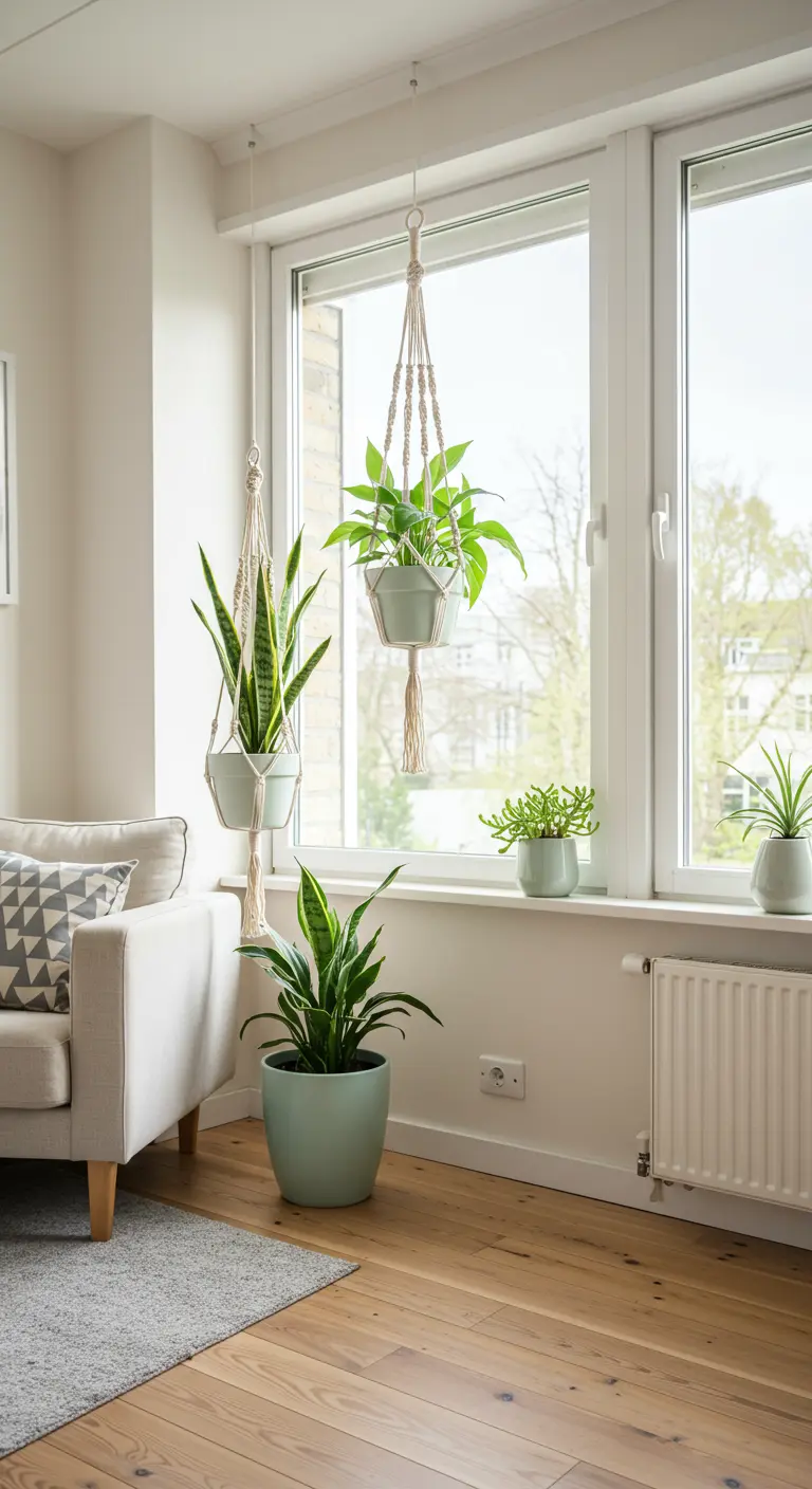 Plantes suspendues et posées au sol dans des pots clairs et macramé beige, dans un salon lumineux.