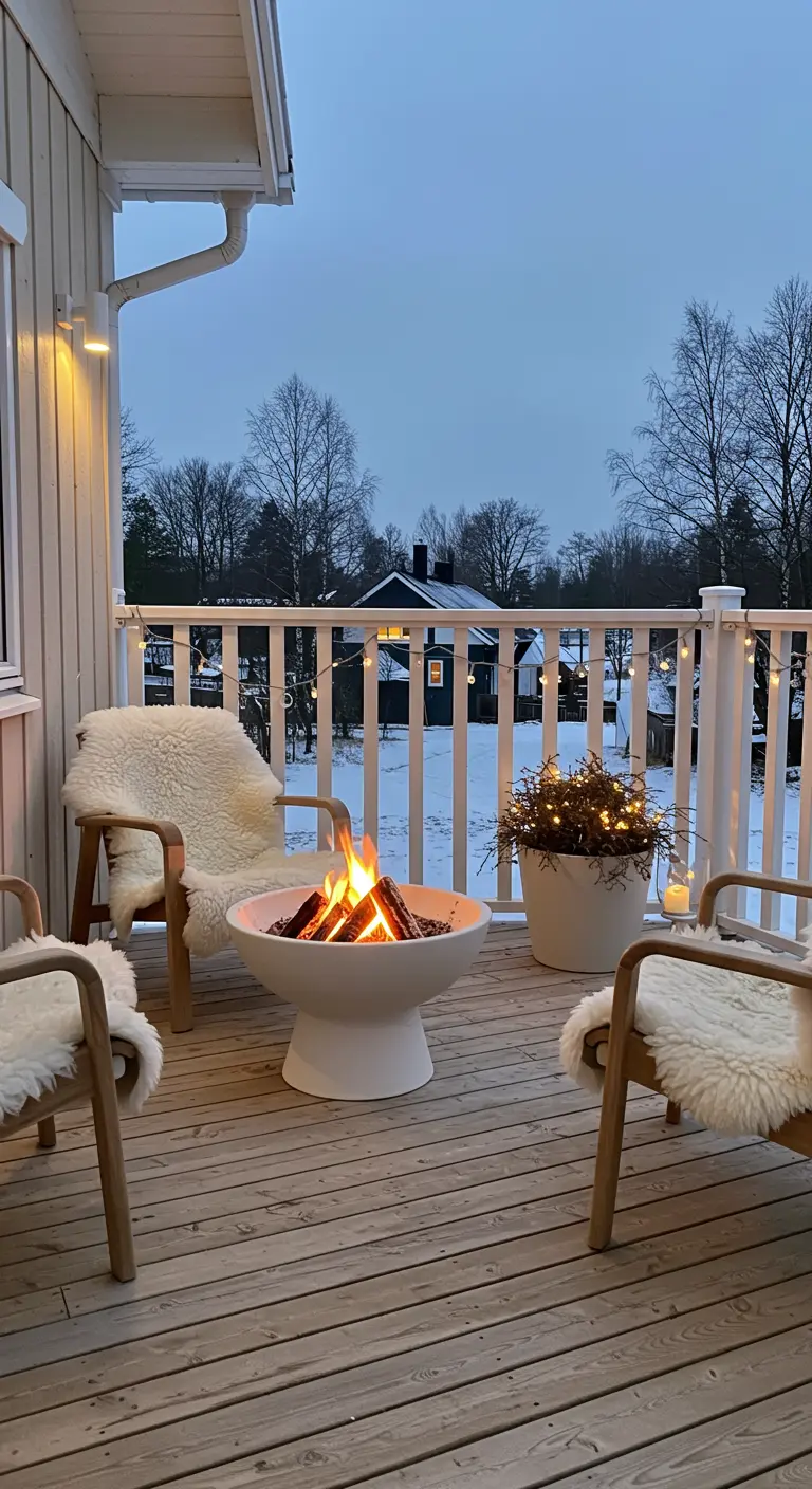 Terrasse en bois enneigée avec brasero blanc, chaises en bois et fourrure, plante lumineuse et guirlandes.