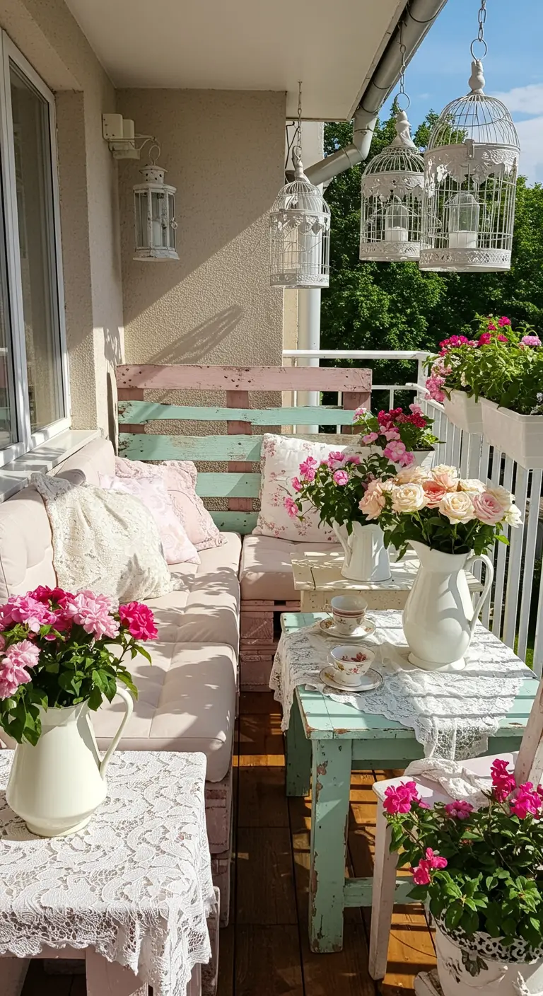 Balcon shabby chic avec canapé et table basse en palettes patinées, dentelle, roses fraîches et cages à oiseaux suspendues.