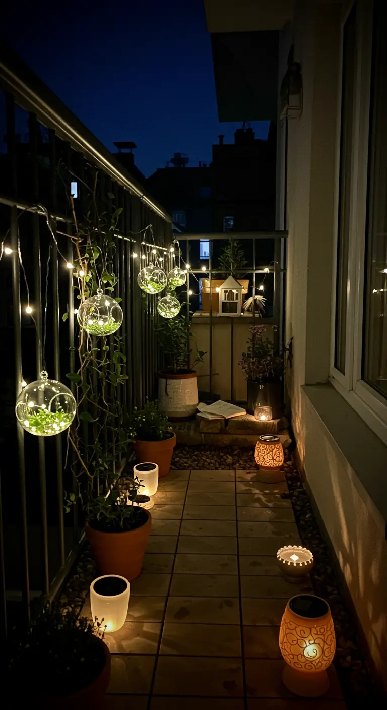 Petit balcon intime éclairé par des guirlandes solaires, globes en verre suspendus et lanternes au sol.