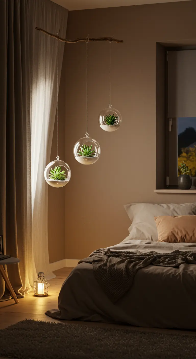 Trois terrariums sphériques en verre avec Tillandsias et sable suspendus à une branche d'arbre au-dessus d'un lit douillet.