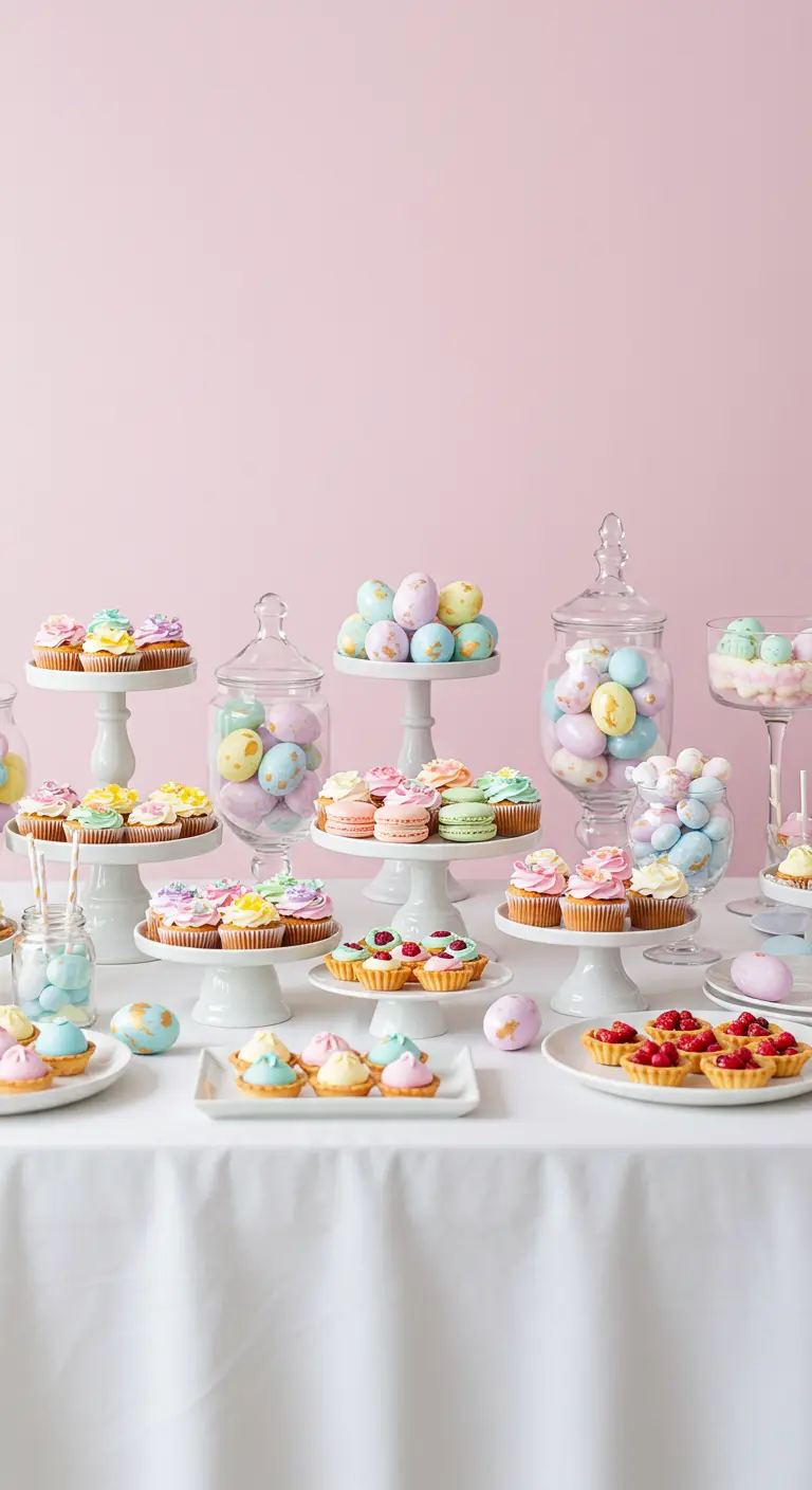 Buffet de desserts pastel avec œufs décorés sur présentoirs blancs.