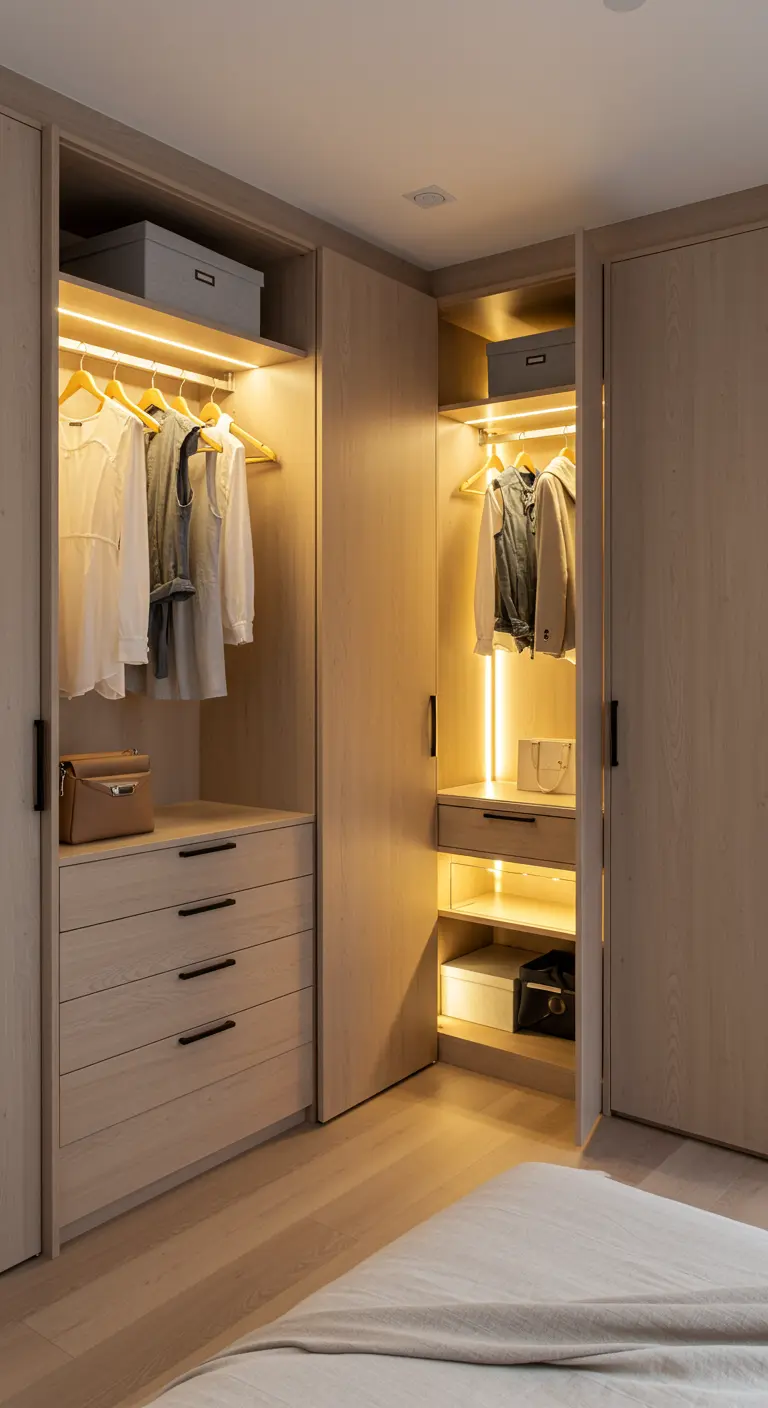 Armoire dressing intégrée avec éclairage LED vertical et horizontal mettant en valeur les vêtements.