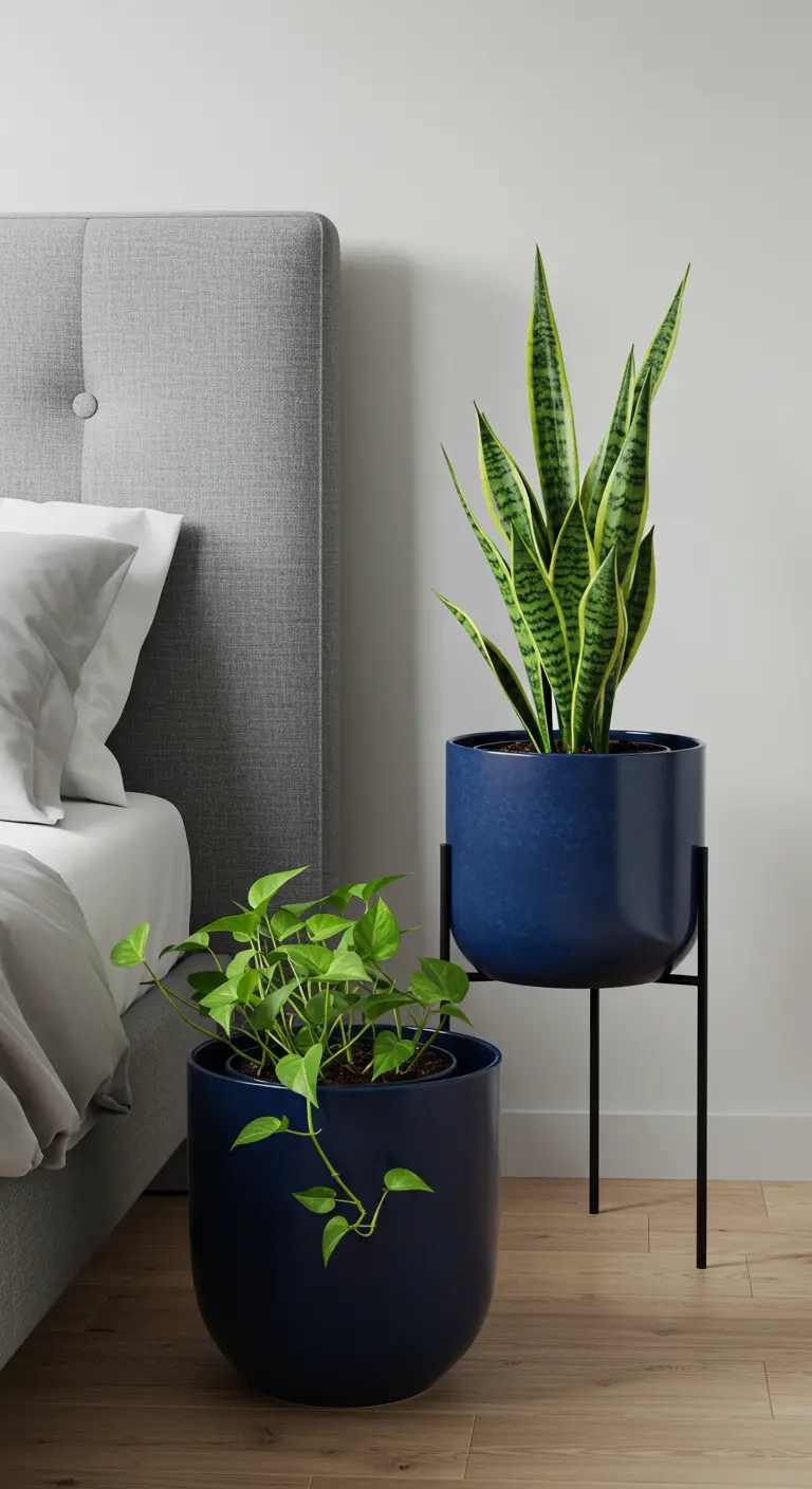 Sansevieria dans un grand pot bleu sur pied et pothos dans un pot bleu plus bas près d'un lit gris.