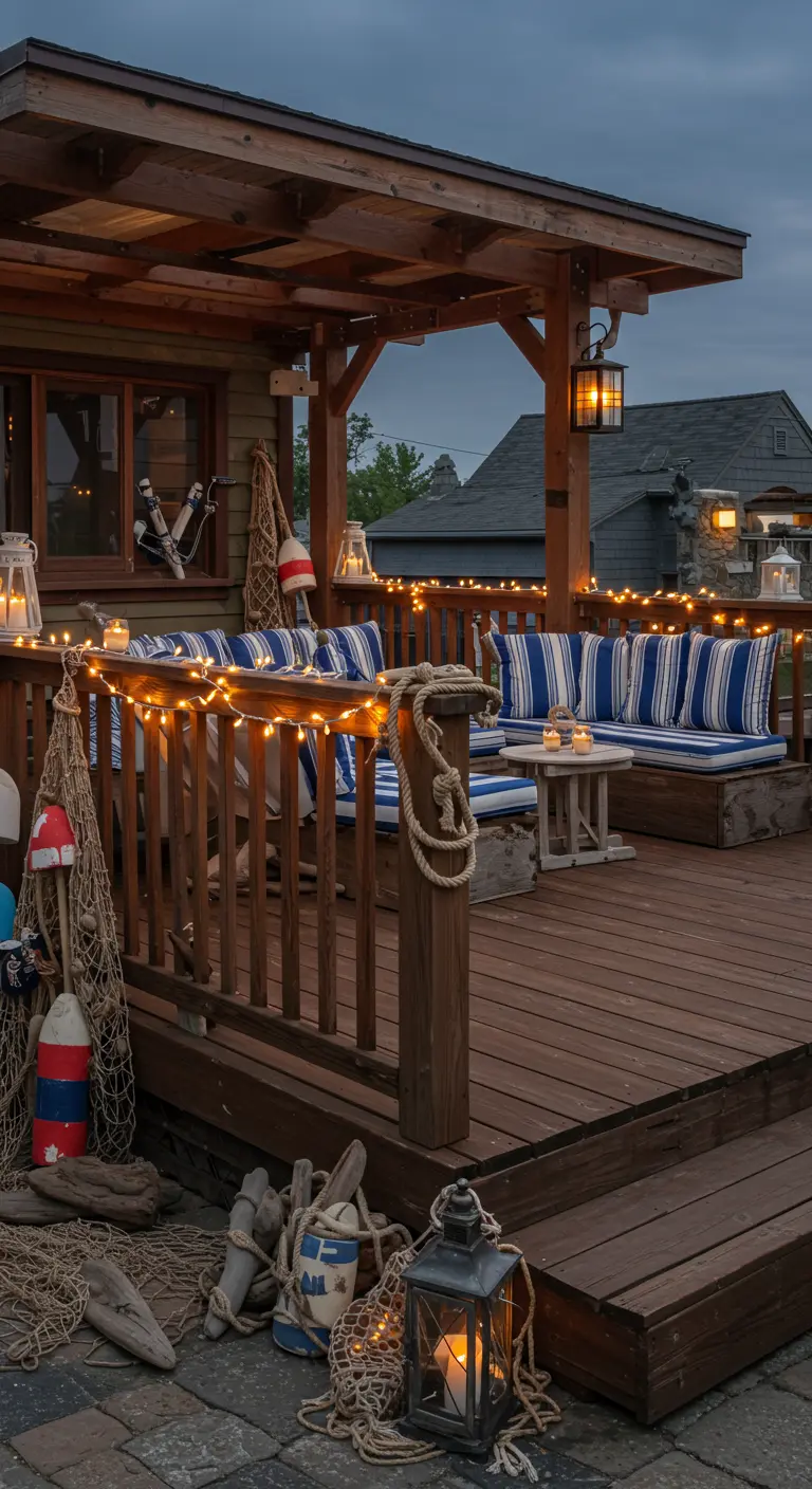 Terrasse décorée sur le thème nautique avec guirlandes lumineuses, filets de pêche et bouées.