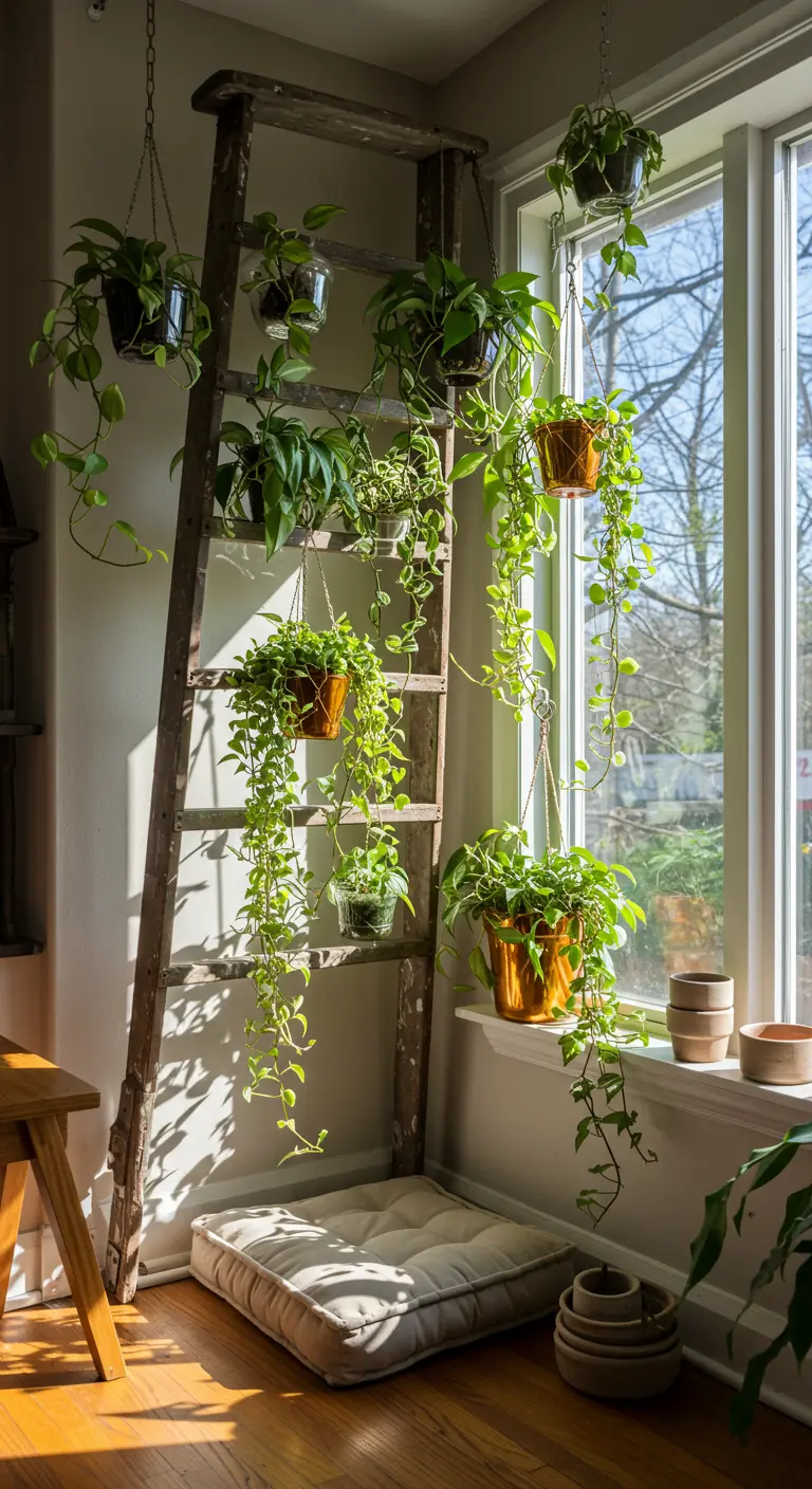 Vieille échelle en bois avec des plantes en pots suspendus et un coussin au sol près d'une fenêtre.