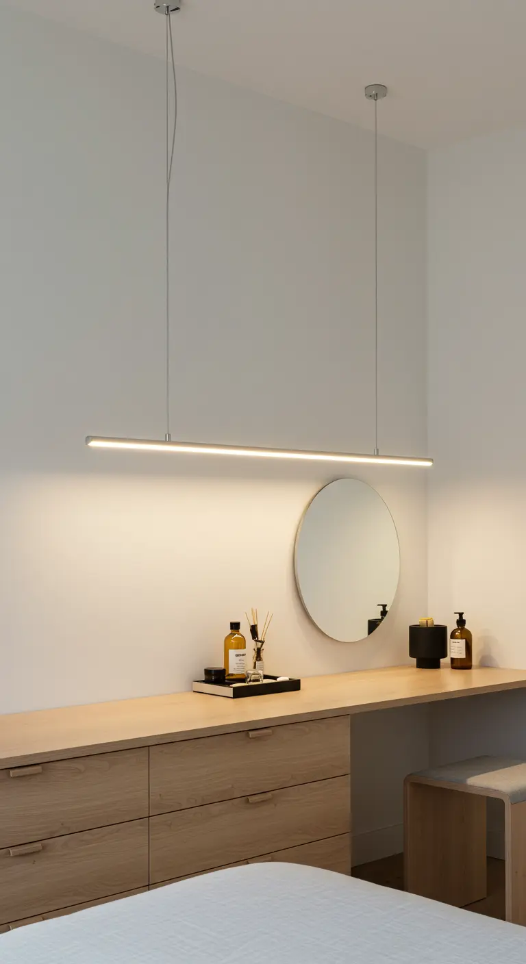 Suspension linéaire LED au-dessus d'une coiffeuse en bois avec un miroir rond.
