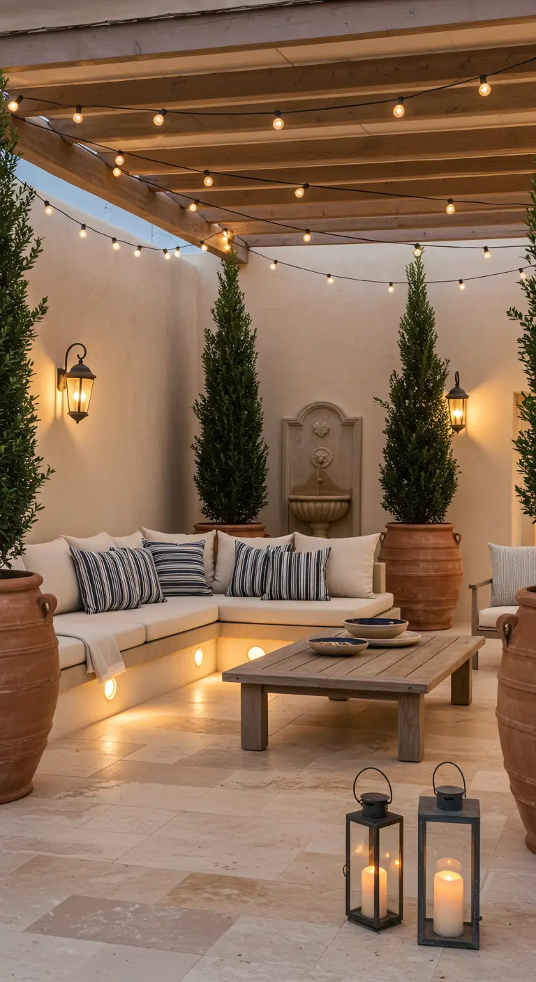 Terrasse avec canapé d'angle, guirlandes lumineuses et cyprès en pots sous un ciel crépusculaire.