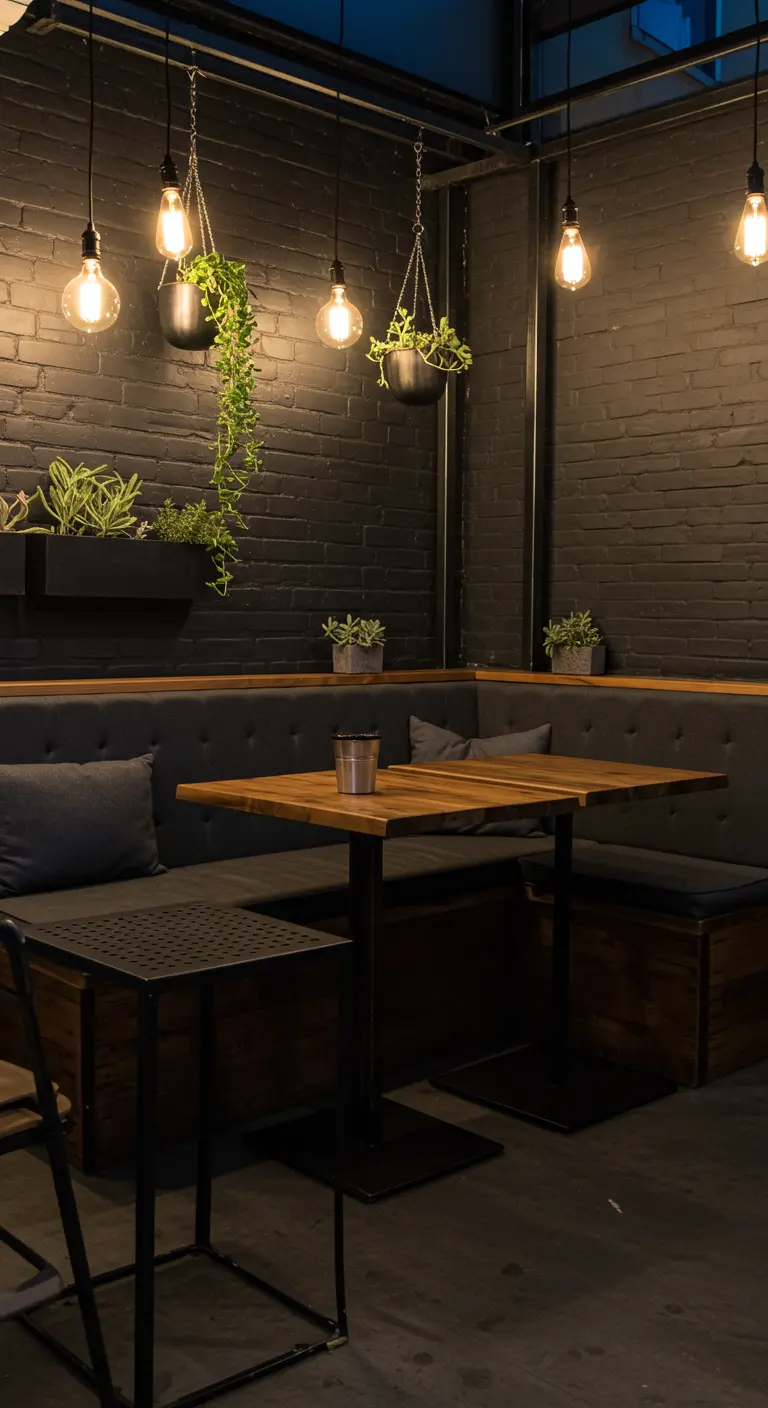 Balcon industriel sombre avec mur de briques noir, banquette moderne, plantes suspendues et ampoules nues.
