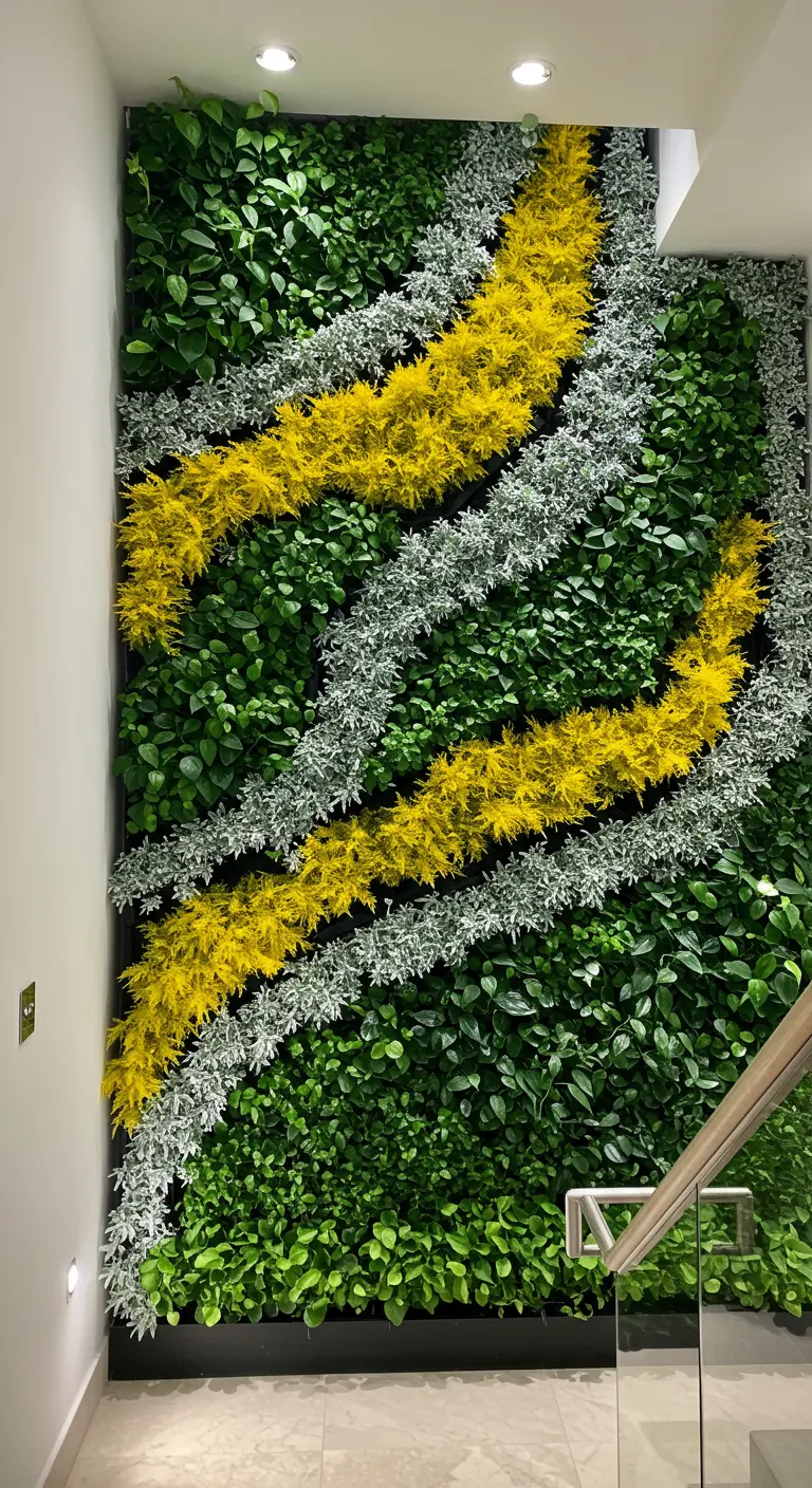 Mur végétal intérieur avec des bandes diagonales jaunes et argentées sur fond vert.