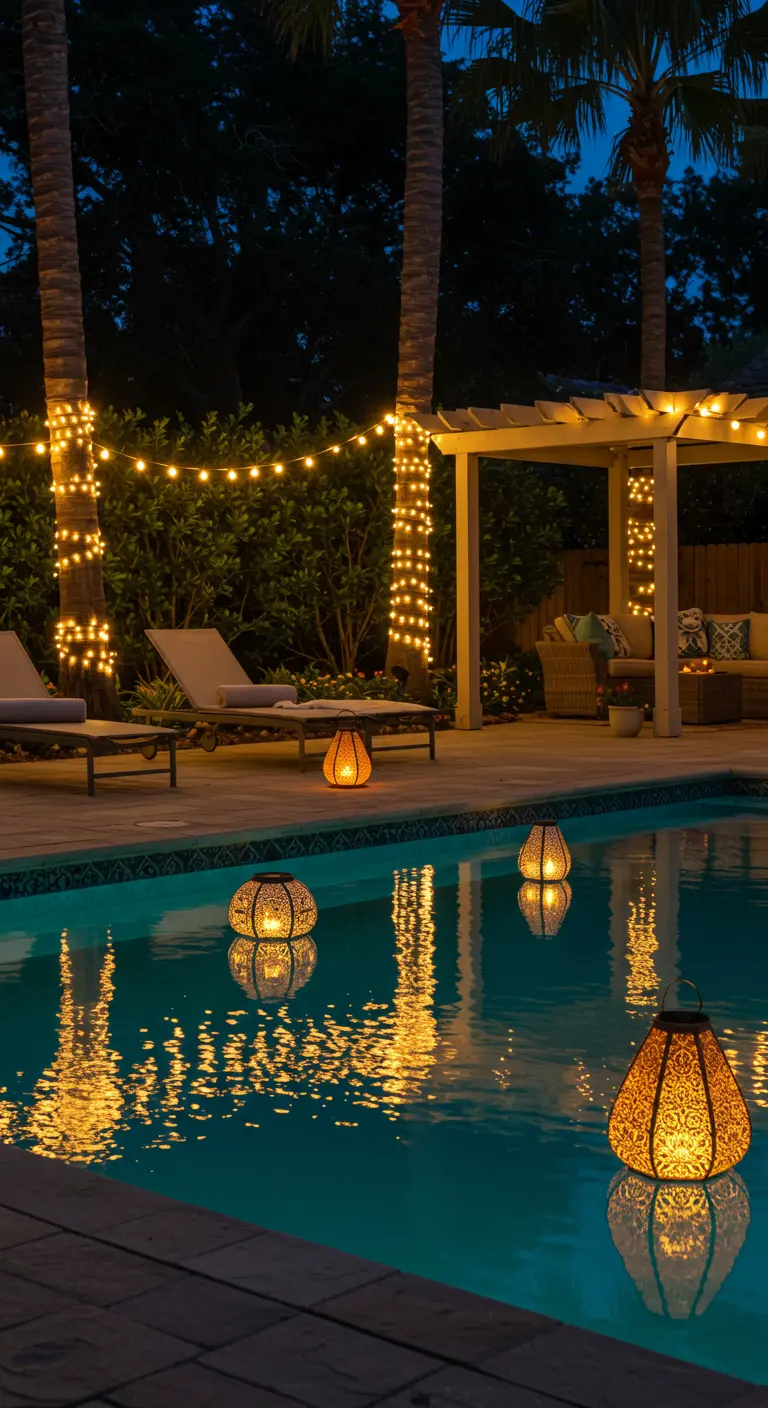 Piscine tropicale avec palmiers illuminés de guirlandes et lanternes flottantes scintillantes.