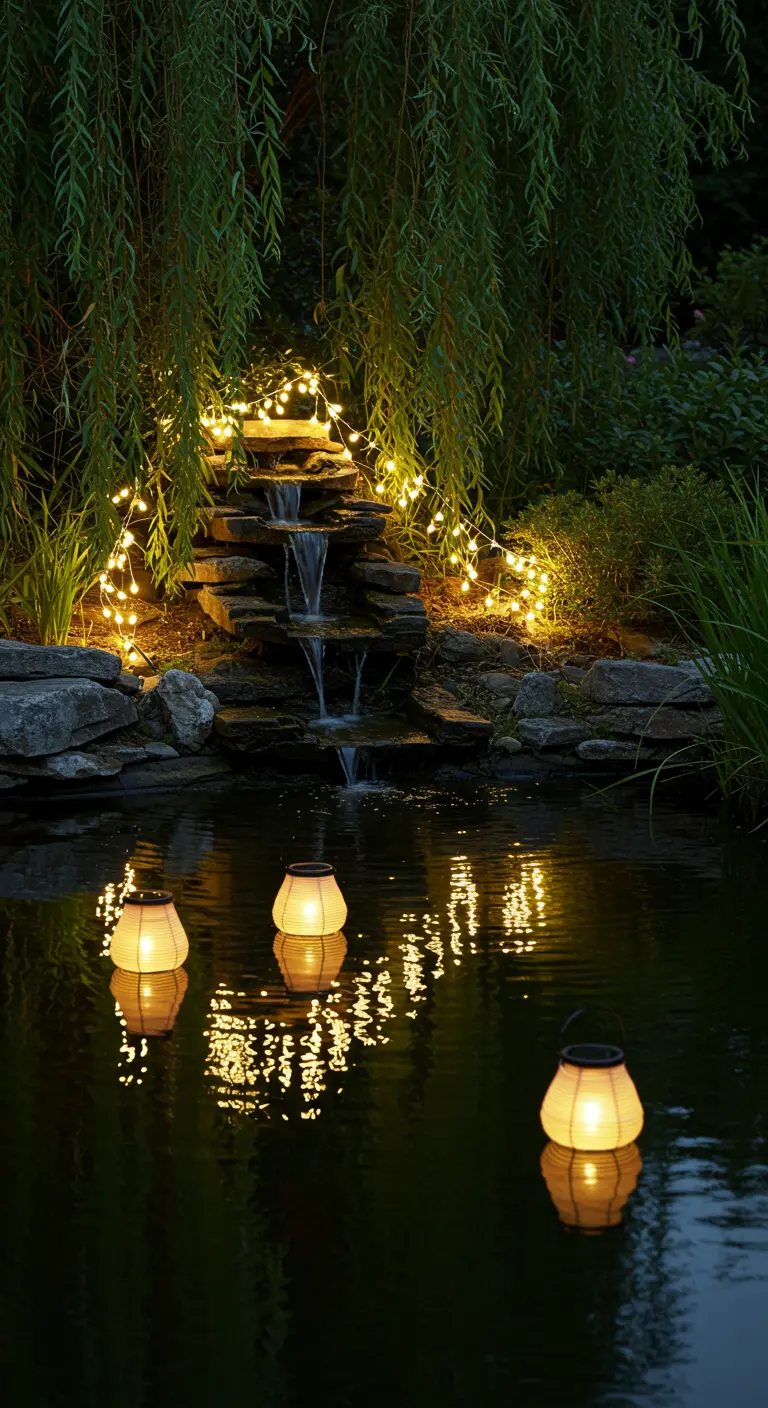 Bassin de jardin avec cascade éclairée par des guirlandes et des lanternes solaires flottantes sur l'eau.