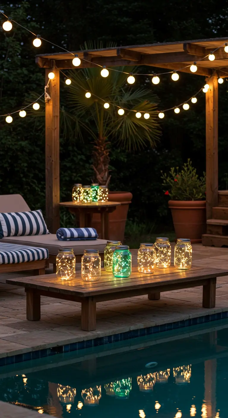 Piscine avec guirlandes lumineuses et bocaux LED sur une table en bois, ambiance estivale.