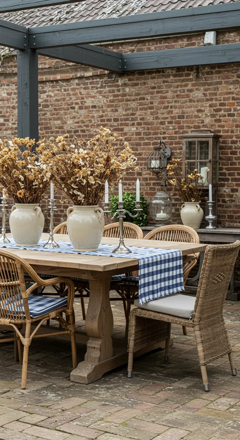Table en bois avec chemin de table à carreaux bleus, chaises en rotin et bouquets de fleurs séchées.
