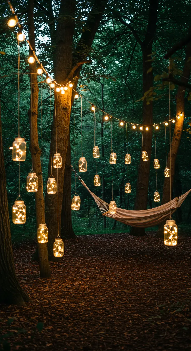 Forêt sombre illuminée par des guirlandes lumineuses et de nombreux bocaux lumineux suspendus aux arbres, avec un hamac.
