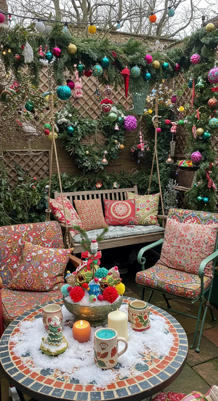 Jardin décoré de boules de Noël colorées, coussins à motifs, et centre de table joyeux.