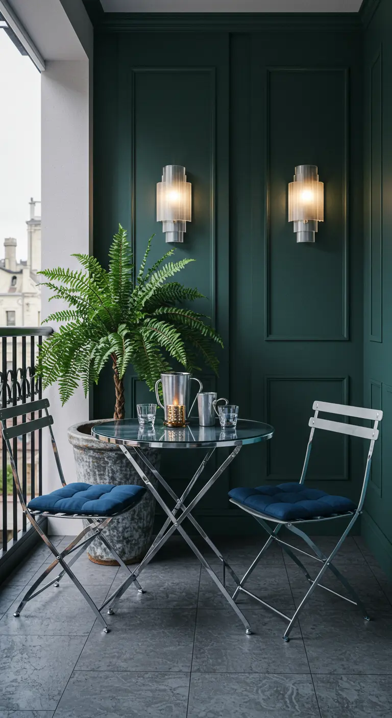 Balcon chic avec table et chaises pliantes chromées, coussins bleus et grande fougère en pot.