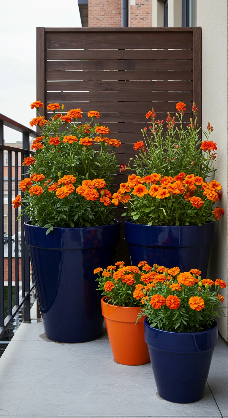 Balcon avec des pots bleu marine et orange, remplis de soucis oranges.