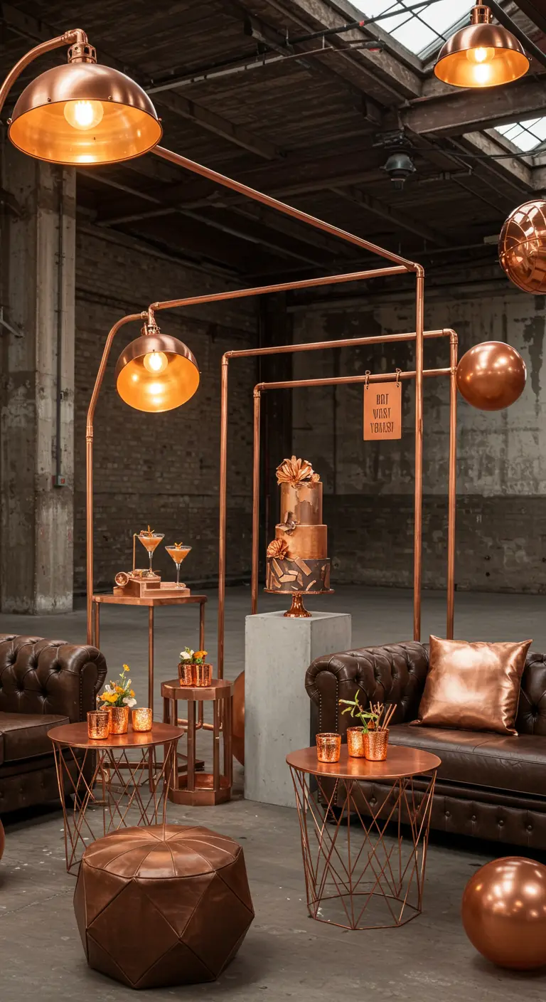 Espace lounge monochrome cuivre et cuir marron avec mobilier métallique et gâteau.