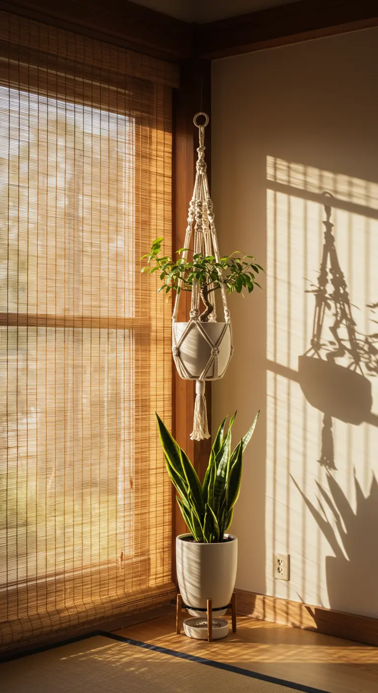 Bonsaï suspendu en macramé blanc et sansevieria en pot blanc au sol, près d'un store en bambou.