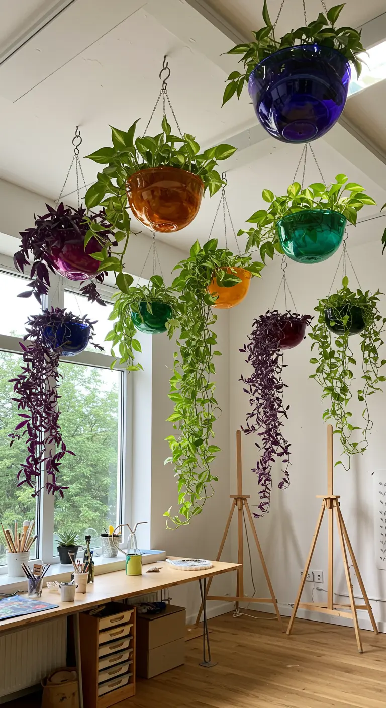 Plantes retombantes en pots de verre colorés suspendus près d'une fenêtre dans un atelier d'artiste.