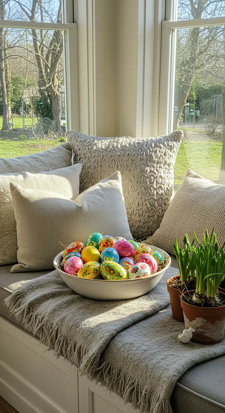 Banquette de fenêtre avec coussins et grand bol d'œufs colorés.