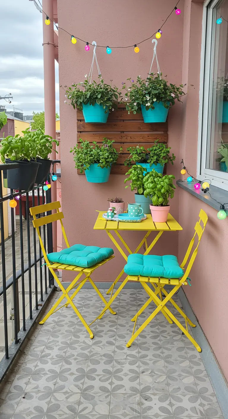 Balcon joyeux avec table et chaises jaunes, pots turquoise et guirlandes lumineuses multicolores.