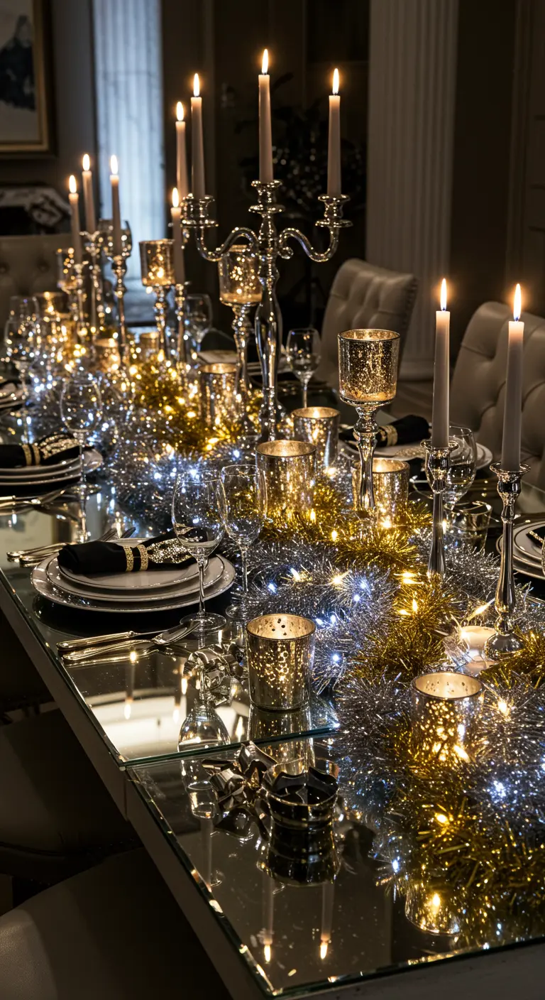 Table de fête avec tinsel doré et argenté, guirlandes lumineuses et candélabres, photophores dorés.