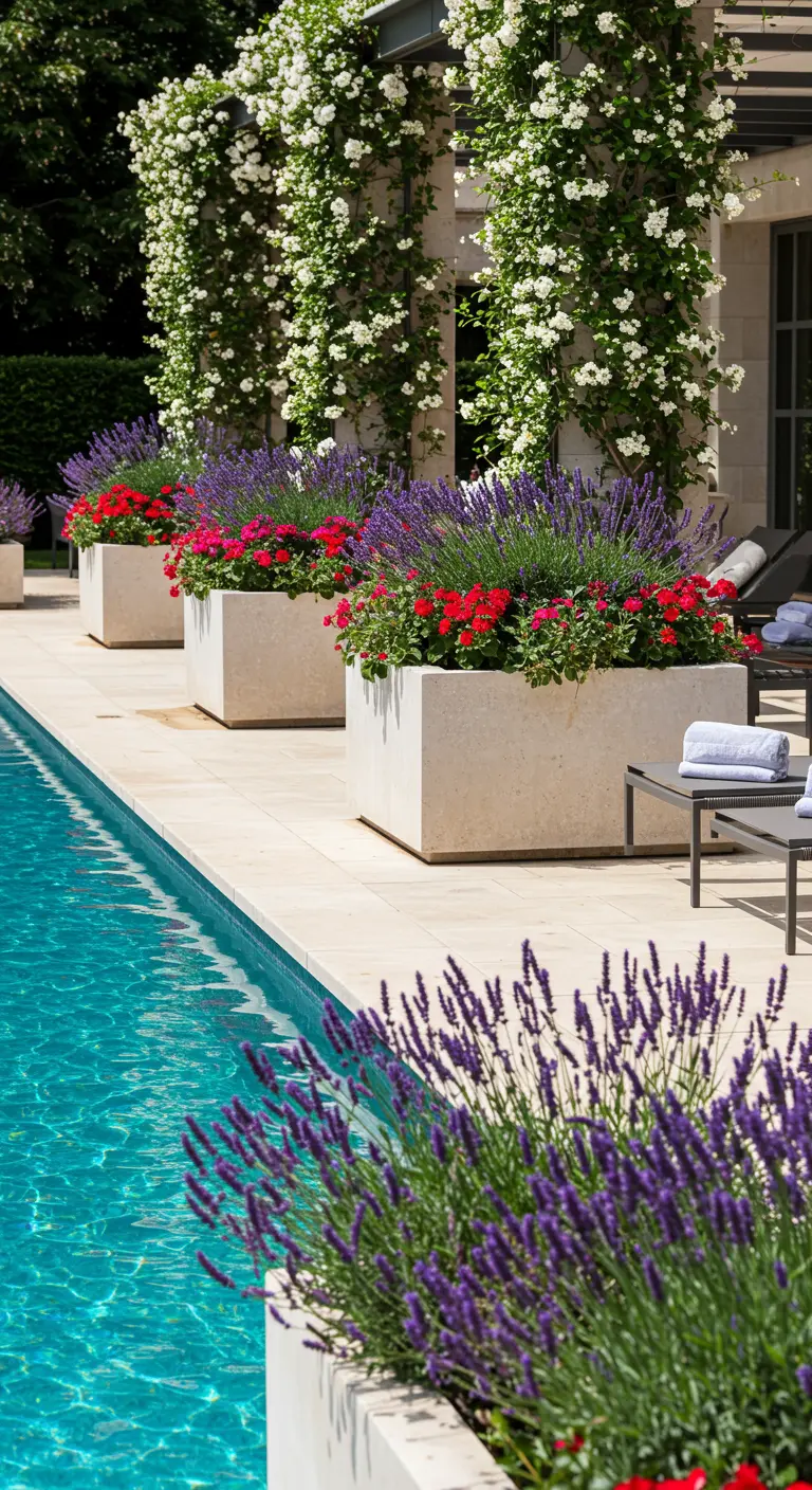 Piscine bordée de jardinières modernes avec lavande et géraniums rouges.