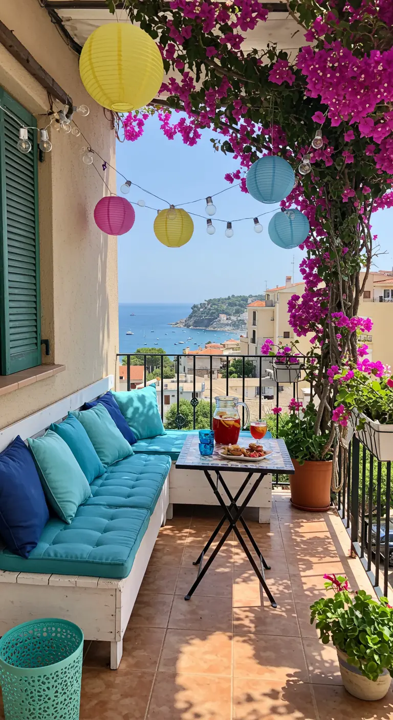 Balcon méditerranéen avec bougainvillier fleuri, banquette bleue, lampions colorés et vue mer.
