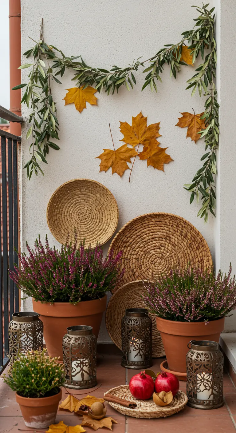 Balcon avec bruyères en pots de terre, lanternes ciselées, branches d'olivier séchées et paniers muraux.