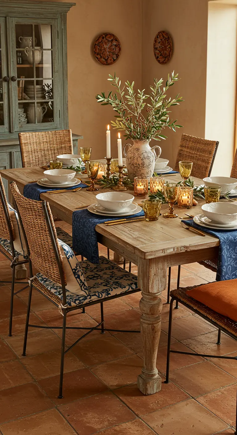 Table méditerranéenne en bois clair, chaises en rotin, chemin de table bleu et branches d'olivier.