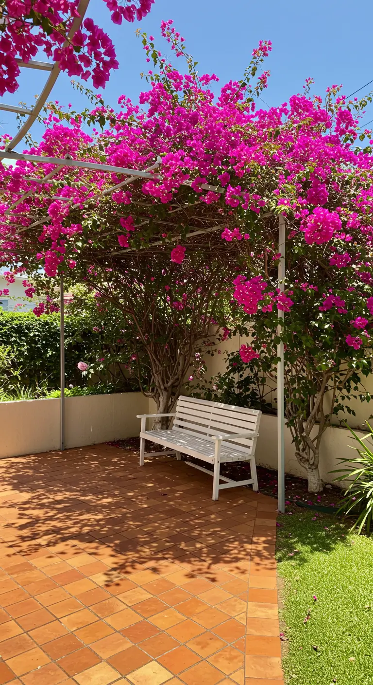 Pergola couverte de bougainvilliers fuchsia, un banc blanc sur un patio en carreaux de terre cuite.