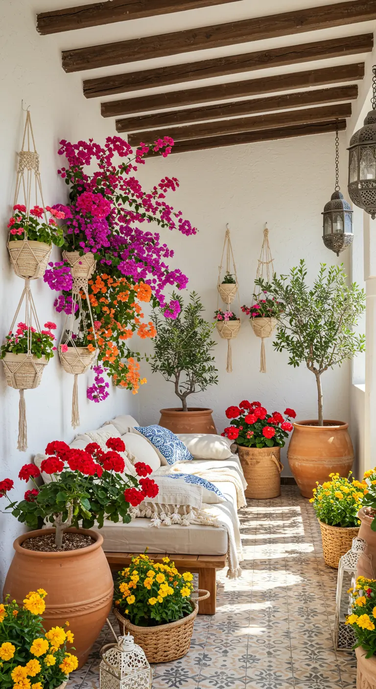 Terrasse méditerranéenne avec bougainvillier coloré, pots en terre cuite et lit de jour.