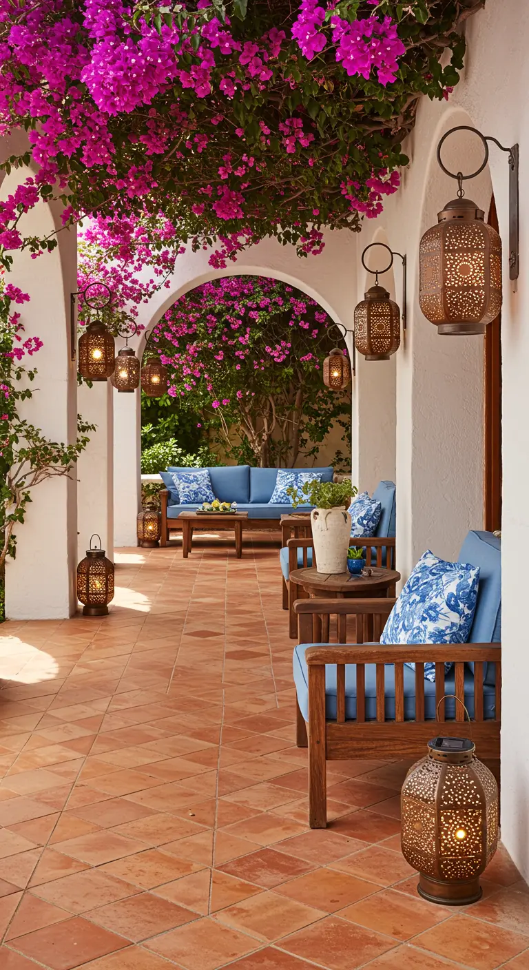 Patio d'inspiration marocaine avec lanternes solaires sculptées et bougainvilliers fuchsia.