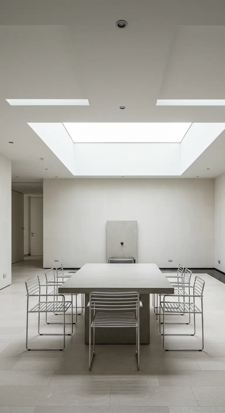Grande table carrée en béton et chaises en acier filaire blanc dans un intérieur minimaliste.