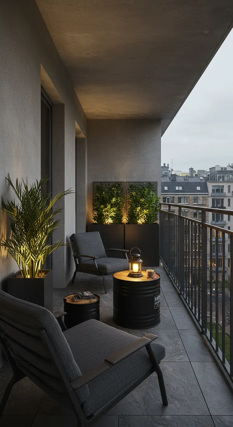 Balcon moderne gris, chaises sombres, tables en fûts, murs végétaux illuminés.