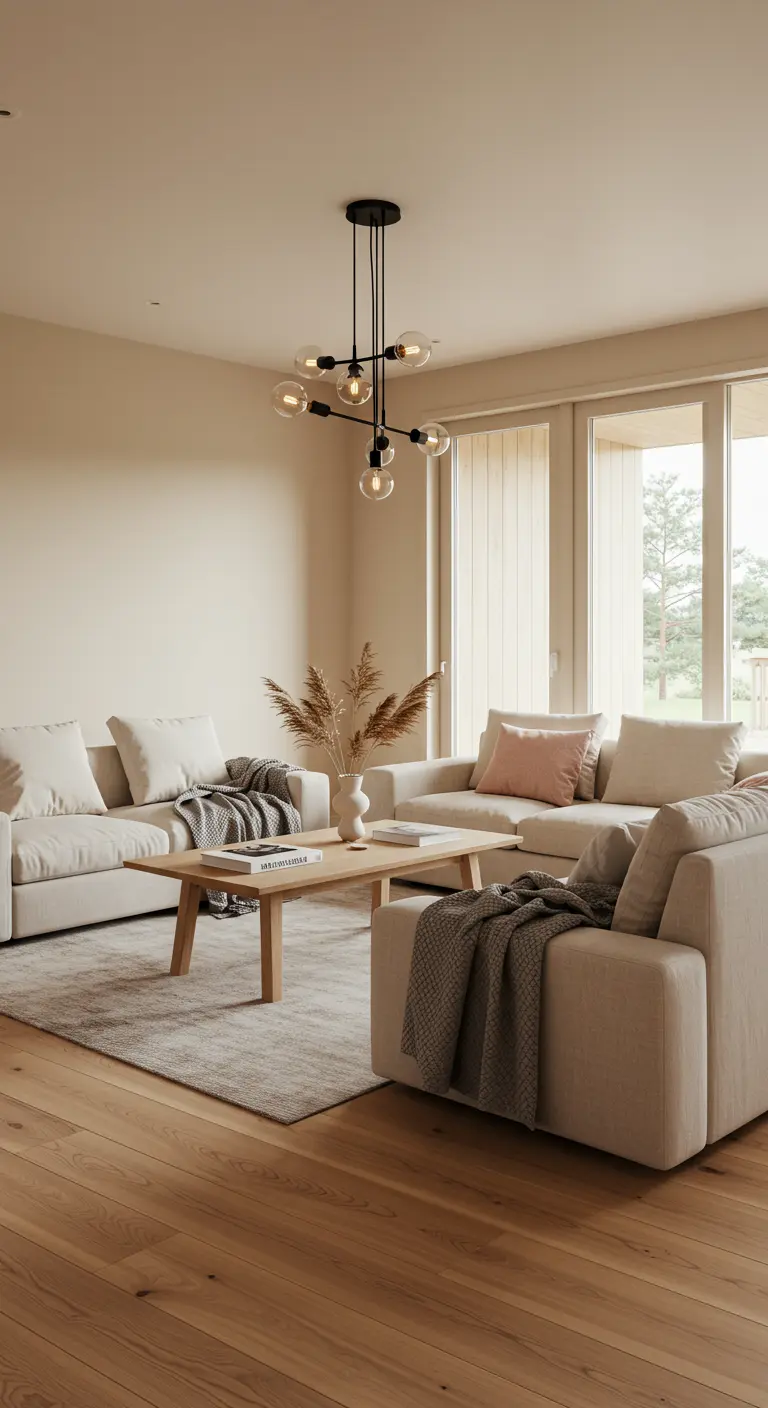 Salon scandinave lumineux avec canapés beiges, table basse bois, graminées de la pampa et suspension moderne.