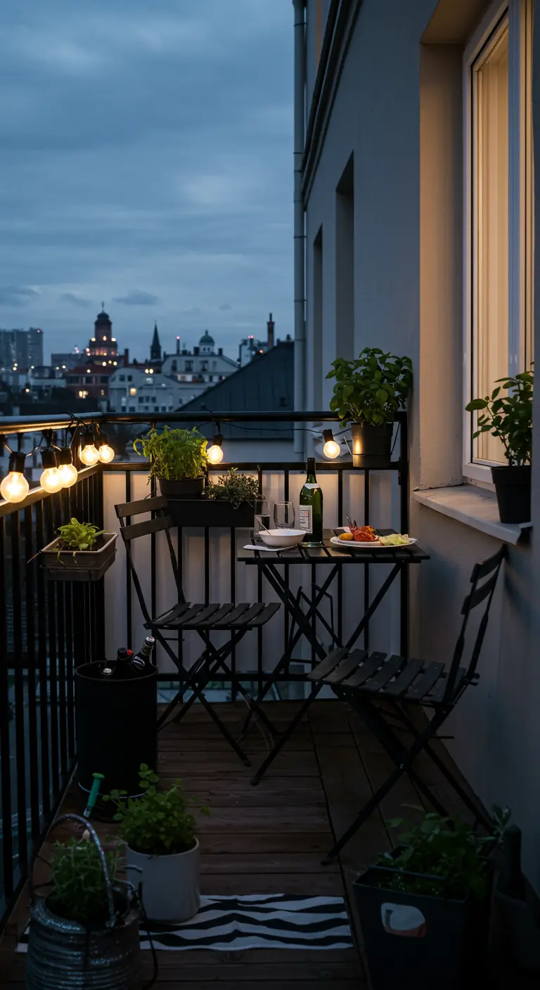 Balcon sombre avec table pliante, chaises, guirlandes lumineuses et plantes aromatiques.