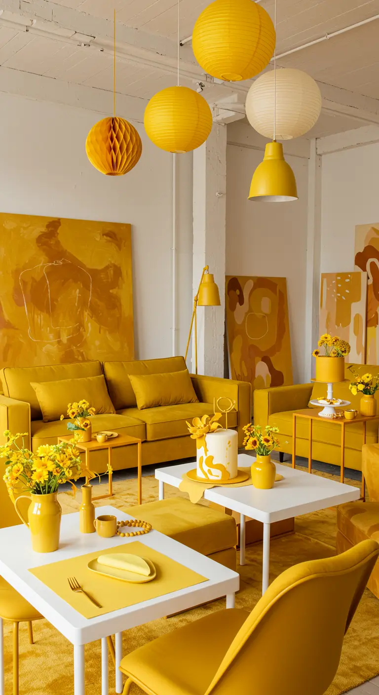 Salon moderne jaune monochrome avec canapés, œuvres d'art, lanternes et table de fête.