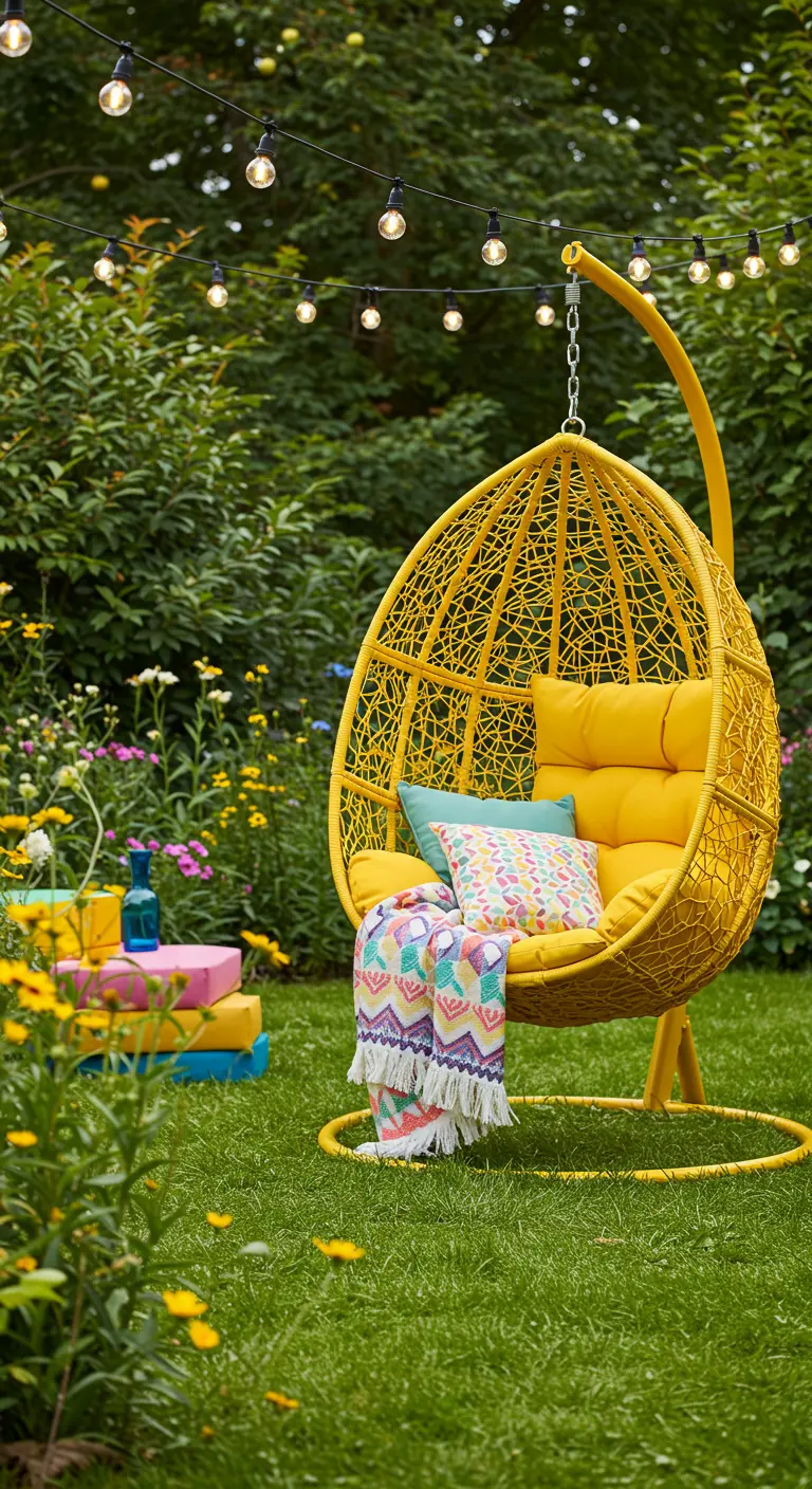 Fauteuil œuf jaune vif dans un jardin fleuri, avec coussins colorés et guirlandes lumineuses.