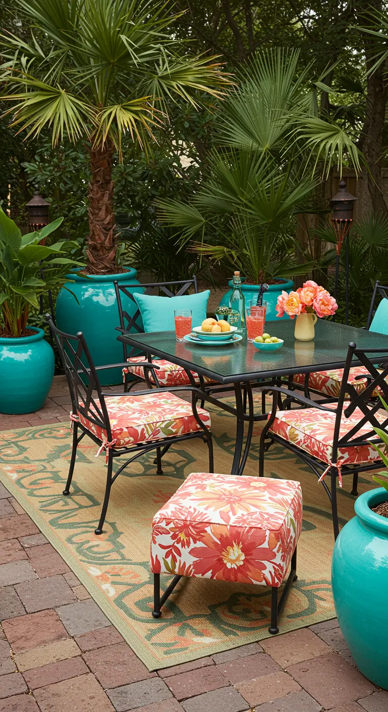 Patio tropical avec table en fer forgé, coussins floraux, pots turquoises et plantes exotiques.