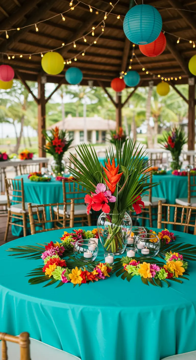 Table de mariage tropicale avec couronnes de fleurs vives, nappe turquoise et lampions.