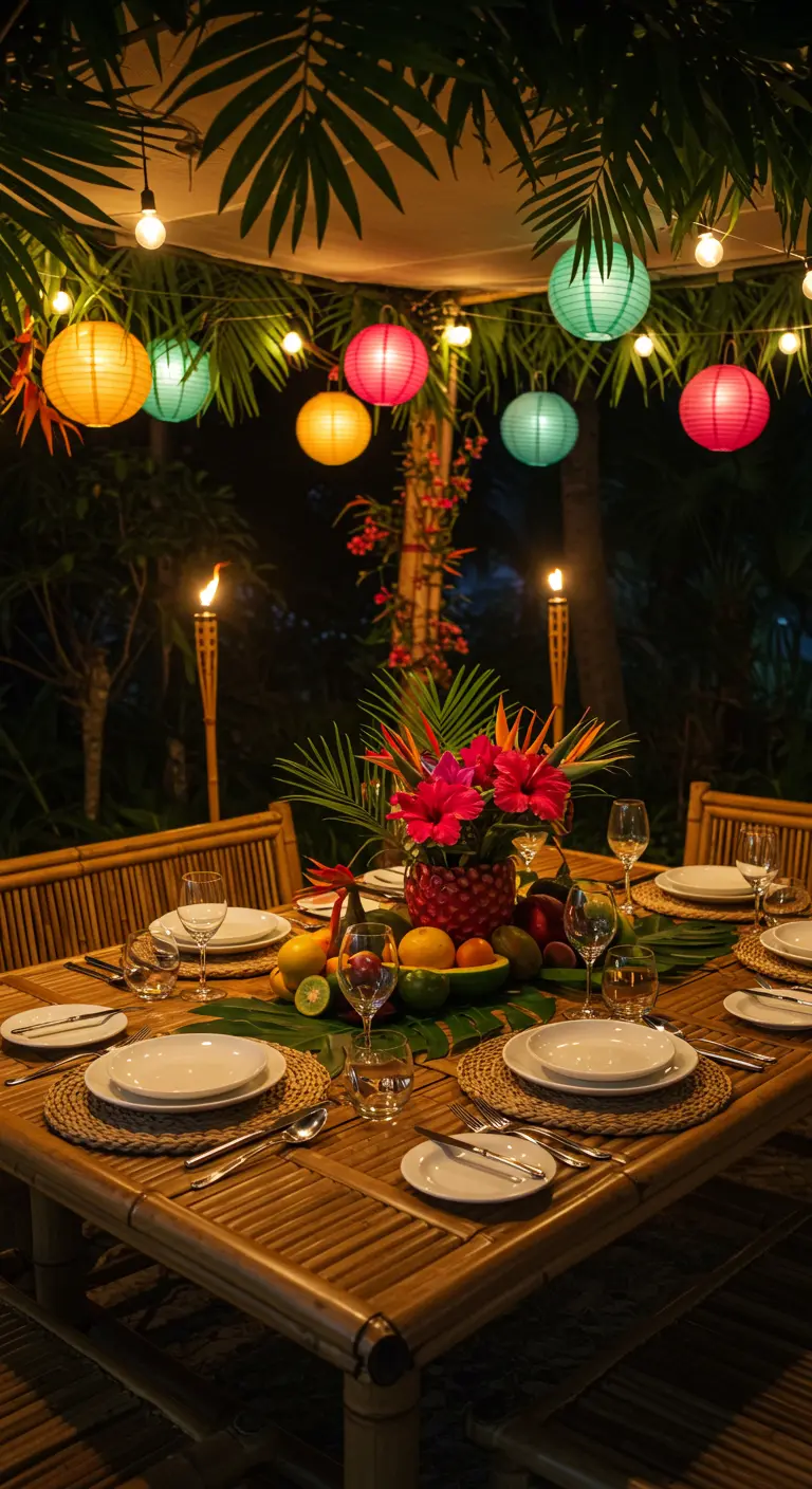 Table de dîner tropicale avec lampions colorés, torches tiki et un centre de table floral exotique.