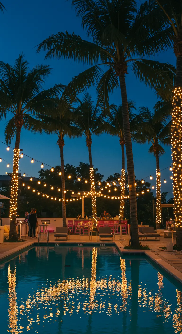Palmiers illuminés de guirlandes scintillantes autour d'une piscine au crépuscule.