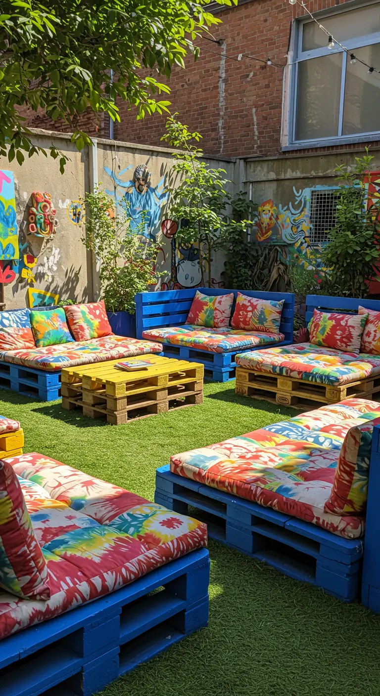 Patio urbain coloré avec mobilier en palettes bleues, rouges et jaunes, coussins vifs et art mural.