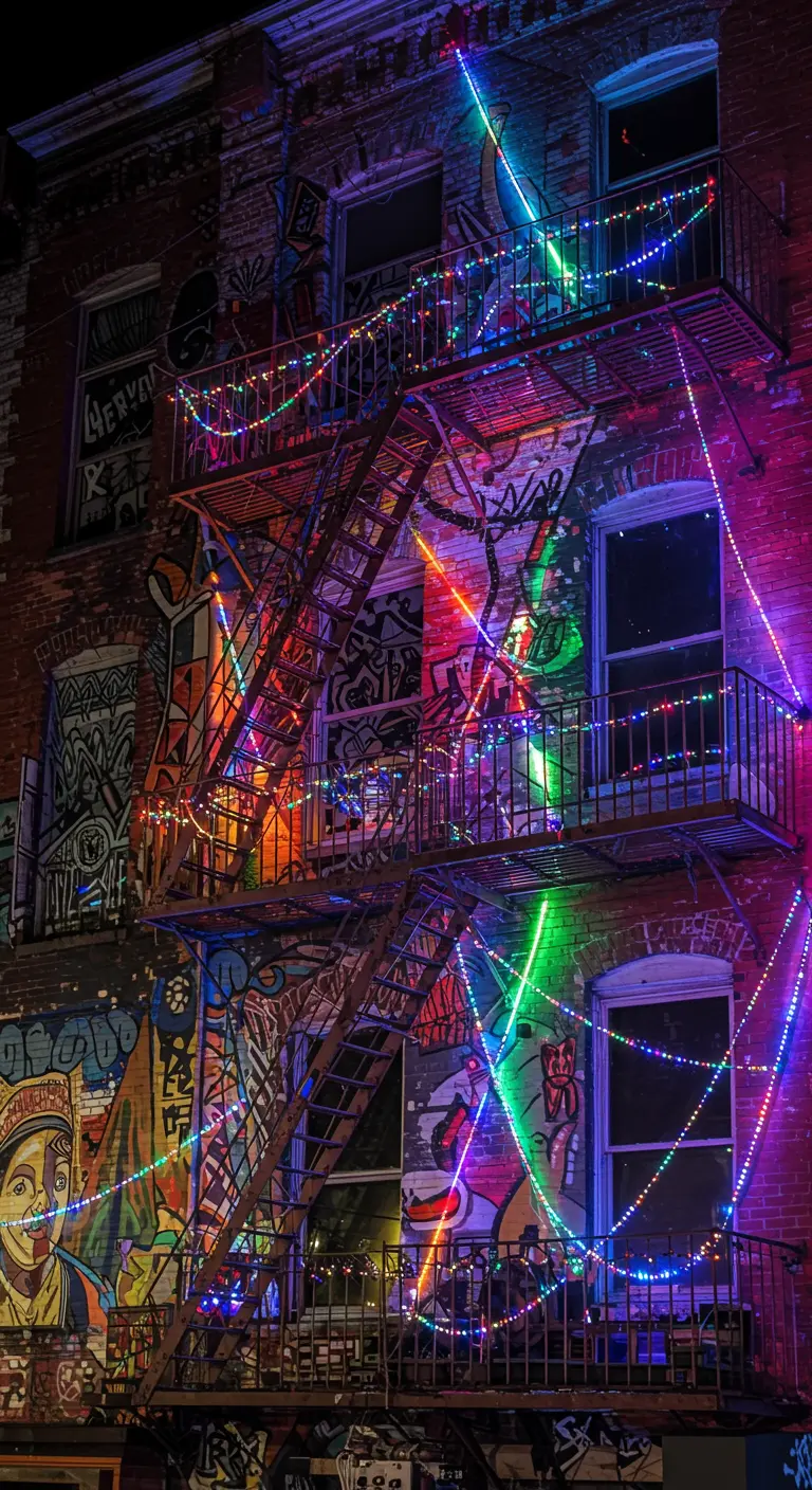 Bâtiment urbain avec graffitis, illuminé par des guirlandes LED multicolores.