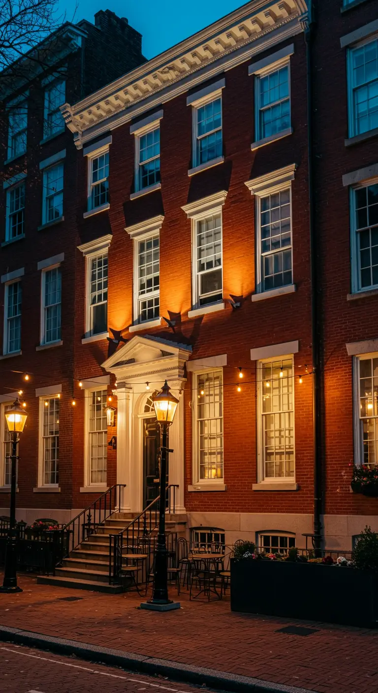 Bâtiment urbain en briques avec lampadaires anciens et guirlandes lumineuses.
