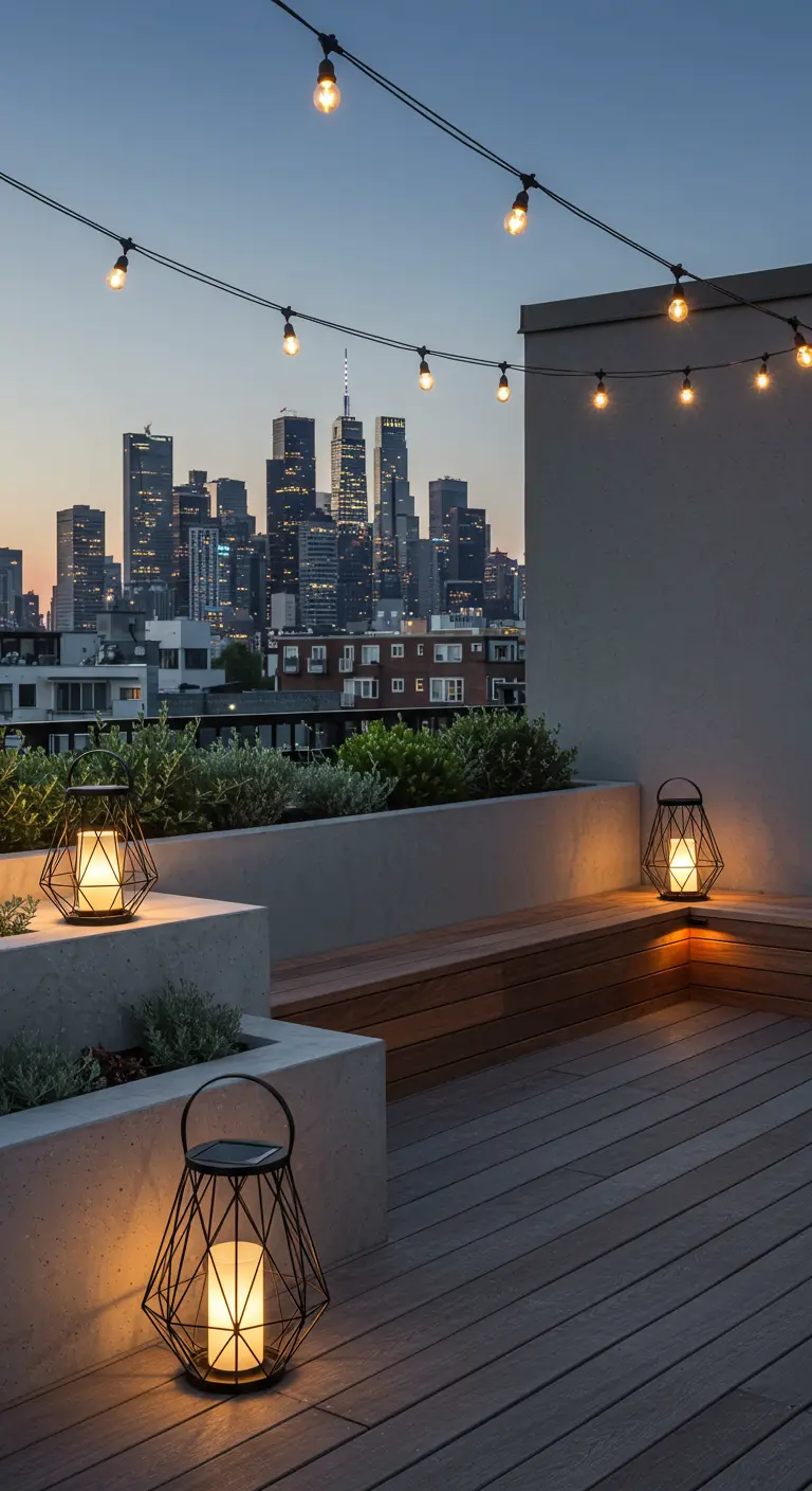 Toit-terrasse urbain avec gratte-ciel, guirlandes et lanternes solaires géométriques.